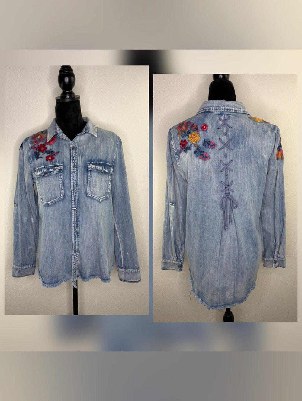 Billy T embroidered Floral Back Lace Up denim Button Up shirt Medium